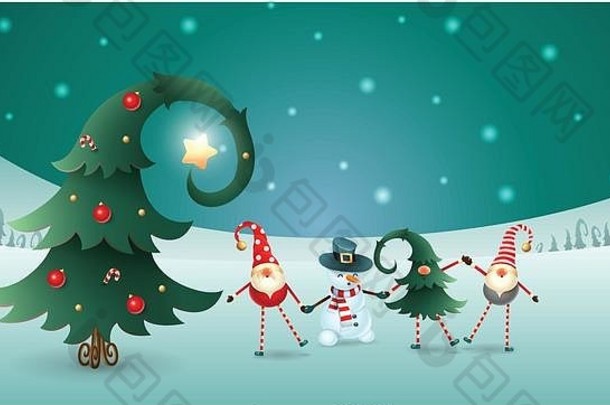 朋友庆祝冬天<strong>冬至</strong>圣诞节一年斯堪的那维亚地精雪人装饰圣诞节树绿松石雪冬天土地