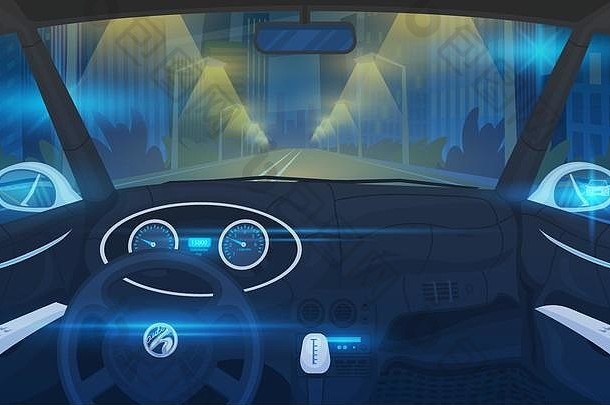未来主义的车辆沙龙电聪明的车司机视图指示板控制聪明的车虚拟控制汽车驾驶模拟交通