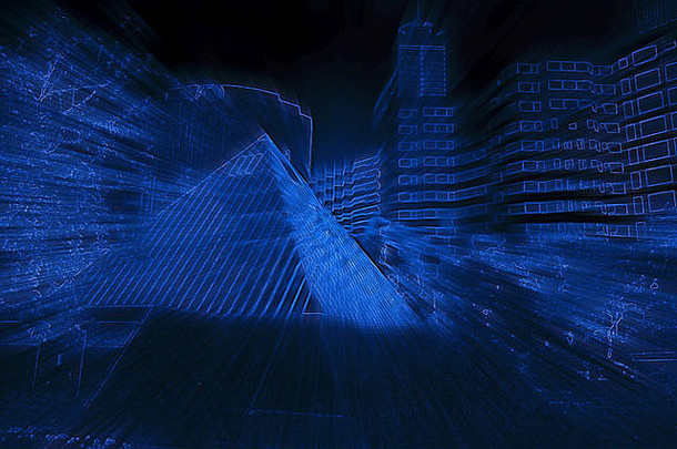 霓虹灯蓝色的概述了未来主义的摘要办公室建筑射线