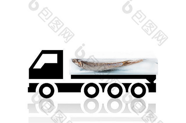 新鲜的鳀鱼鱼冻冰块冷却卡车孤立的白色背景新鲜的海鲜运输背景