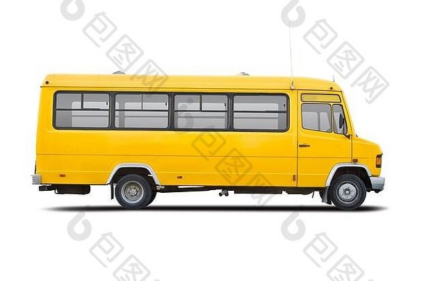黄色的学校公共汽车一边视图孤立的白色