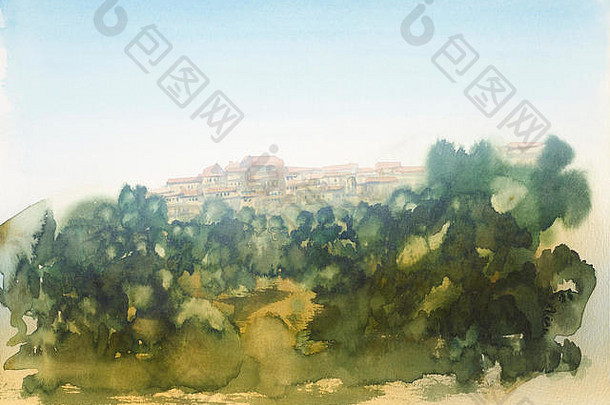 水彩绘画显示景观托斯卡纳夏天时间