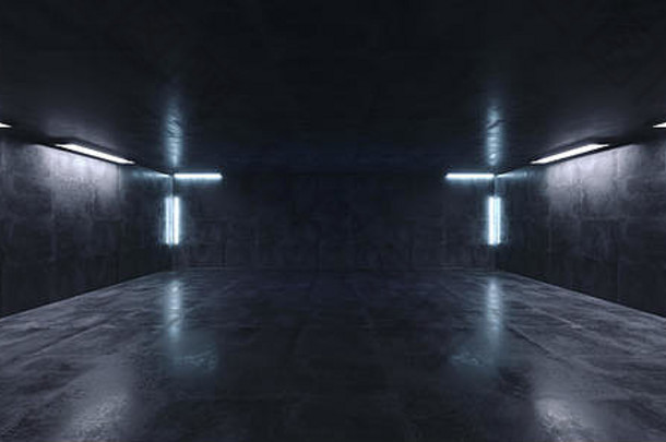 sci未来主义的混凝土难看的东西反光宇宙飞船领导激光面板阶段金属结构灯长大厅房间走廊隧道黑暗空渠