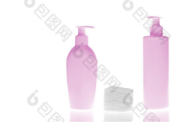 集化妆品瓶清洁垫孤立的白色背景