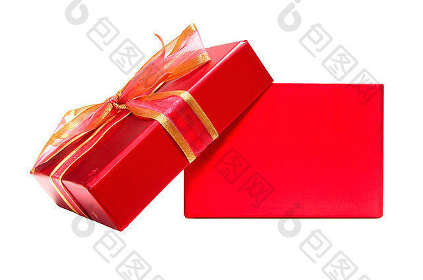 打开空红色的礼物盒子弓白色背景