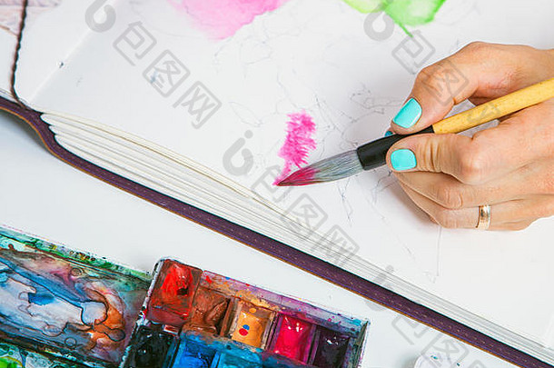 特写镜头艺术家蓝色的指甲吸引了粉红色的花木刷水彩画阿卢玛画表格谎言调色板