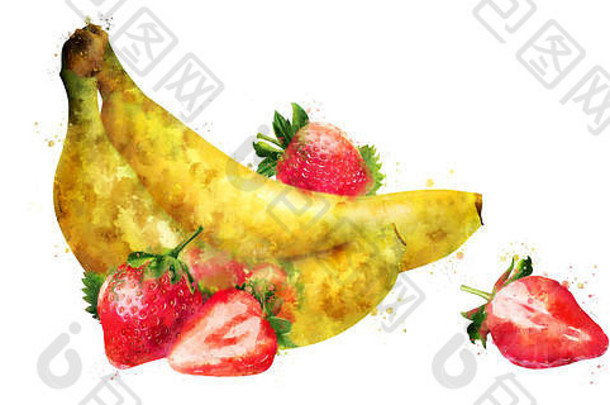 香蕉草莓白色背景水彩插图