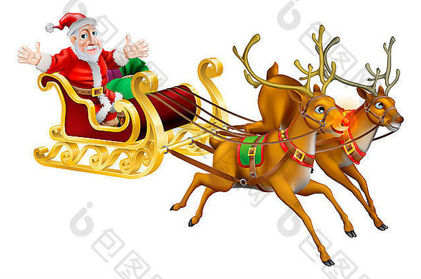 插图圣诞老人老人圣诞节雪橇拉红色的鼻子驯鹿