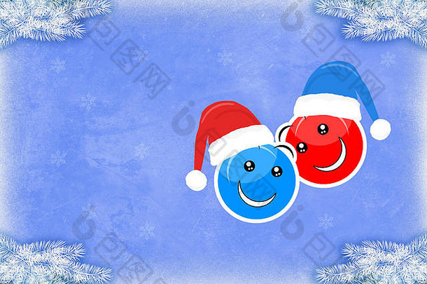 微笑脸圣诞节帽子蓝色的背景节日插图
