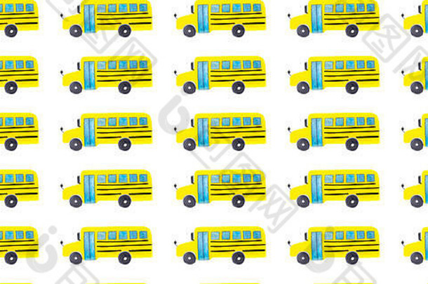 无缝的模式黄色的学校公共汽车白色背景回来学校背景手画运输对象孩子们学生纺织