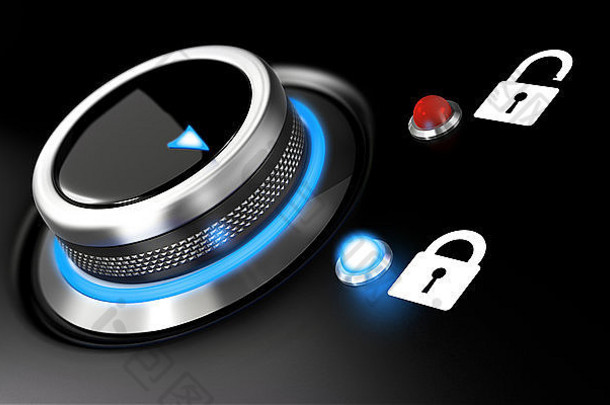 数据保护图像概念上的插图按钮挂锁黑色的背景模糊效果蓝色的光