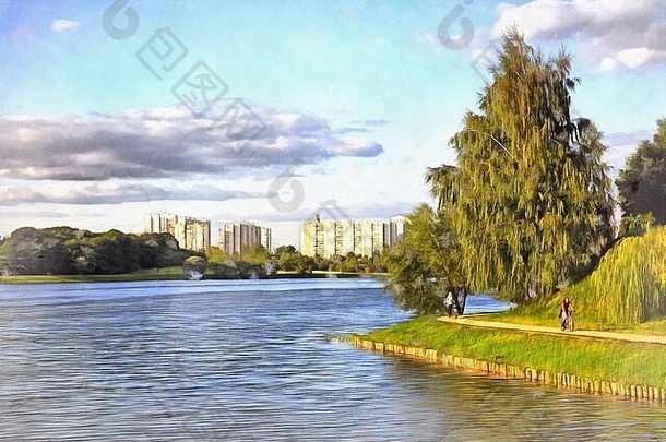 城市景观池塘前景色彩斑斓的绘画图片