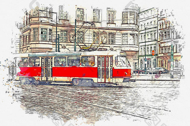 水彩草图插图传统的有轨电车移动街布拉格捷克共和国