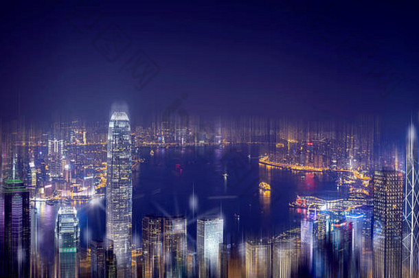 摘要散景光在香港香港城市晚上视图背景双曝光