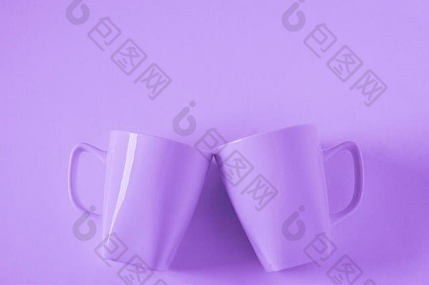 单色紫色的咖啡杯子紫色背景无比的干杯空白空房间空间文本复制复制空间现代前视图与