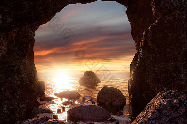 呈现洞穴悬崖海岸行晚上阳光