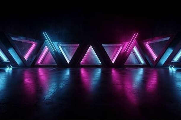 晚上俱乐部空讲台上激光霓虹灯荧光发光的紫色的幻影蓝色的灯电三角形混凝土形状的墙列网络晚上虚拟