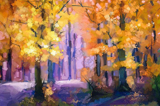 石油绘画景观色彩斑斓的秋天树半摘要图像森林树黄色的红色的叶秋天秋天季节自然背景