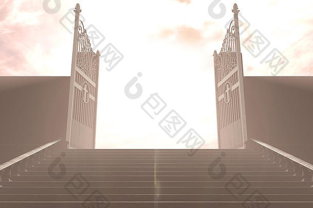 描述珍珠盖茨天堂开放明亮的一边对比乏味前景楼梯领先的渲染