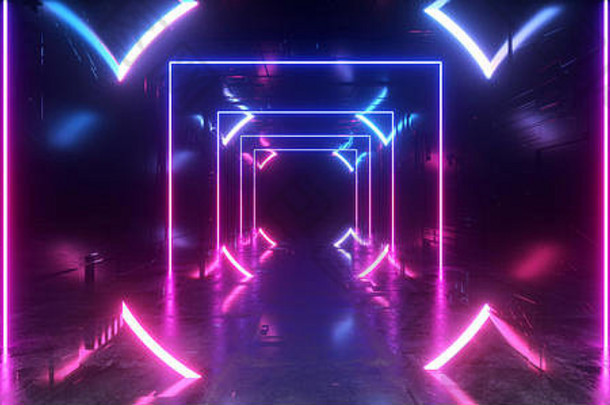 霓虹灯发光的激光梁sci未来现代门户网站门虚拟网络充满活力的三角形矩形摘要形状的隧道走廊金属芯片反射