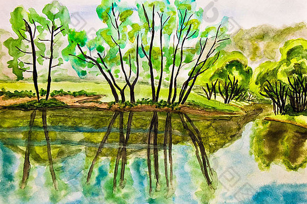 手画图片水彩画夏天景观柳树树湖