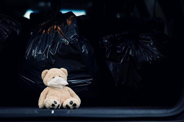 泰迪熊医疗面具坐在树干车垃圾袋
