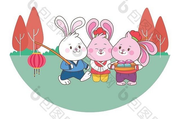 兔子庆祝中期秋天节日漫画
