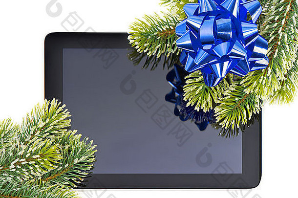 平板电脑树分支蓝色的闪亮的弓装饰礼物概念