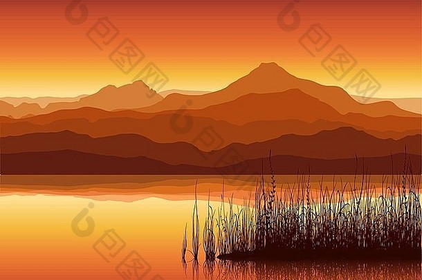 日落巨大的山湖