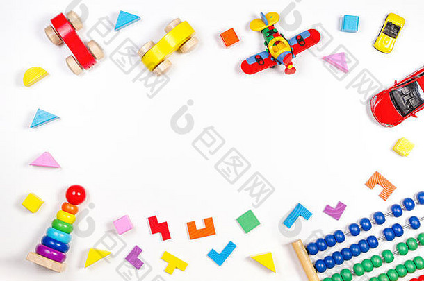 婴儿孩子们玩具框架白色背景前视图平躺复制空间文本