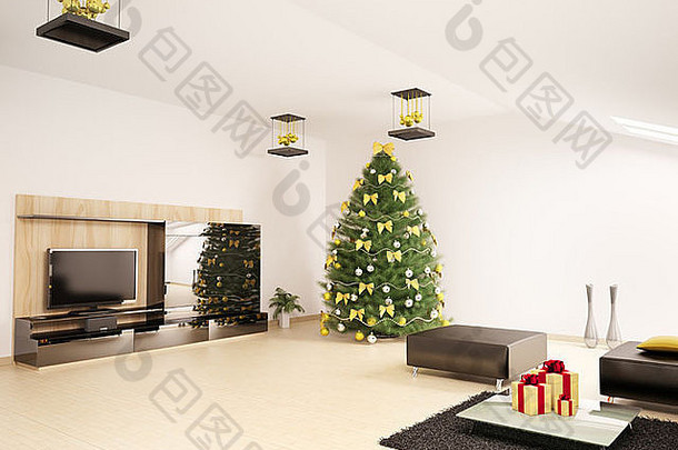 圣诞节冷杉树装饰现代生活房间室内渲染