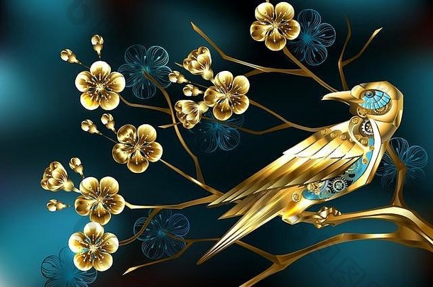 金蒸汽朋克鸟黄金齿轮分支珠宝樱桃开花绿松石背景
