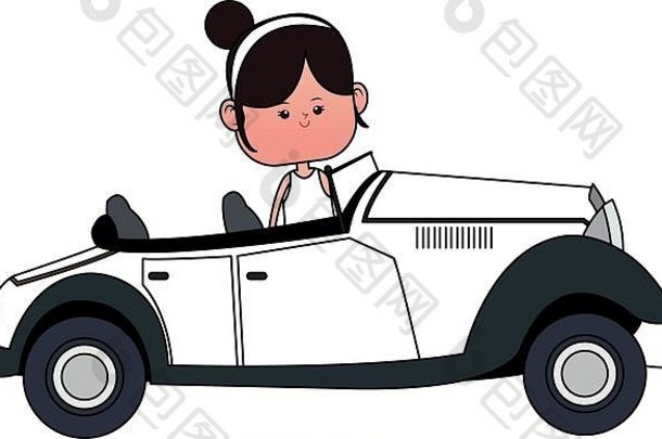 可爱的女孩开车古董车