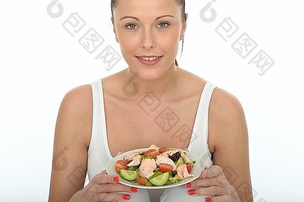 积极的快乐年轻的女人健康的奢侈品餐新鲜挖走大马哈鱼鱼新鲜的混合花园沙拉孤立的白色背景