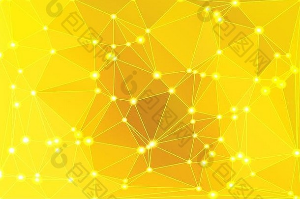明亮的金黄色的摘要低聚几何背景白色三角形网散焦灯
