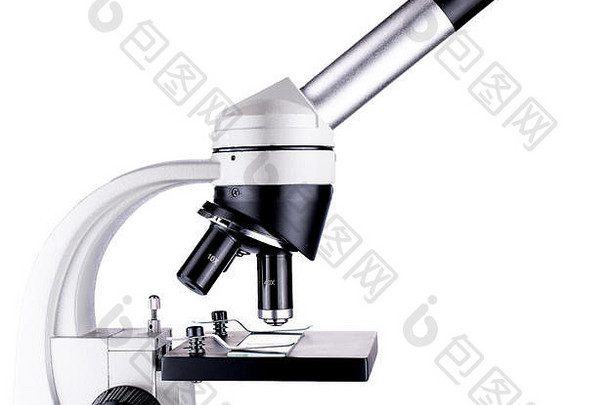 显微镜镜头阶段特写镜头白色背景