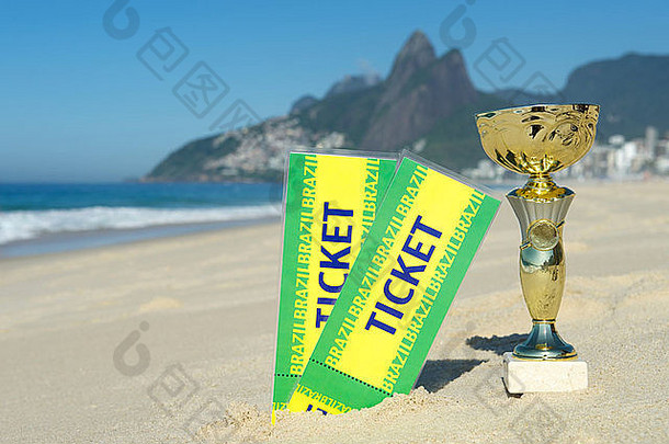 巴西足球冠军奖杯票伊帕内玛海滩里约1月巴西