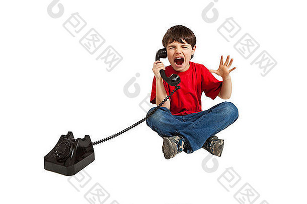 愤怒的孩子电话孤立的白色背景