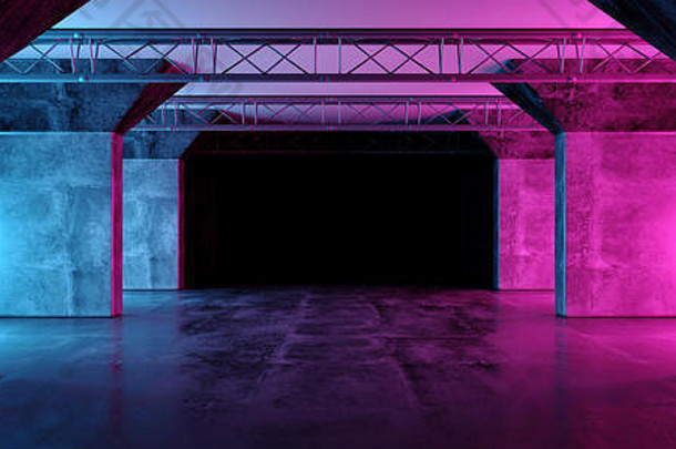 霓虹灯发光的紫色的粉红色的蓝色的复古的sci未来主义的现代空难看的东西混凝土反光阶段建设隧道走廊黑暗房间大厅任