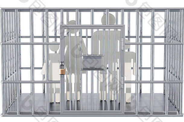 钢笼子里监狱细胞家庭呈现孤立的白色背景