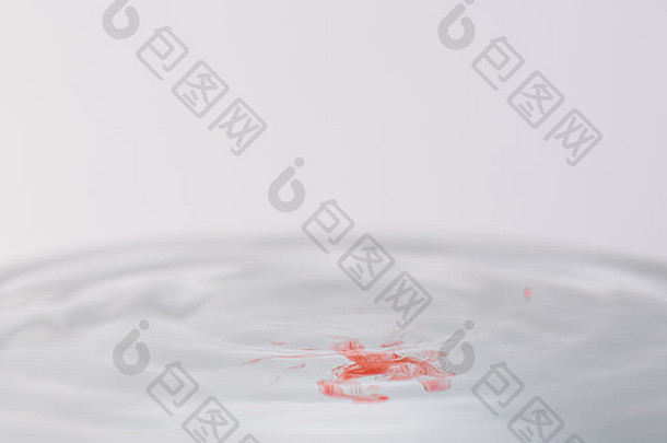 关闭宏摄影红色的水类似血下降溅水光彩色的白色灰色的背景