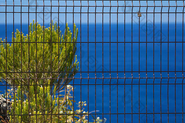 爱锁栅栏沿海走丰沙尔木头葡萄牙欧洲蓝色的北大西洋海洋背景