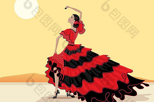 插图西班牙语弗拉曼柯舞舞者美丽的波尔卡点红色的黑色的衣服热天空