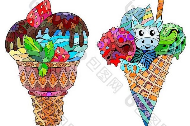集手画色彩斑斓的zentangle冰奶油插图