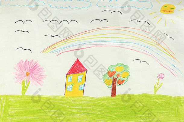 五彩缤纷的孩子们的画房子花