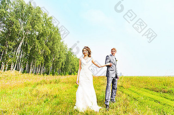 年轻的婚礼夫妇美丽的新娘新郎肖像夏天自然户外