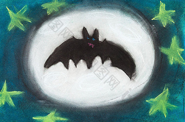 孩子们画飞行晚上蝙蝠完整的月亮背景
