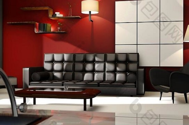 现代生活房间空间渲染CGI皮革沙发椅子红色的墙书货架上美丽的照明光厨房水疗中心