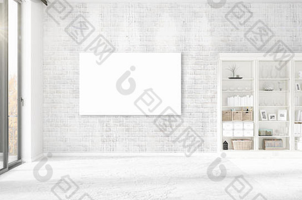 时尚现代空清洁房间室内空框架Copyspace水平安排呈现