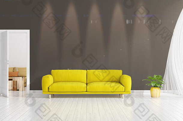 现代室内设计厅的时尚植物黄色的窟Copyspace水平安排呈现